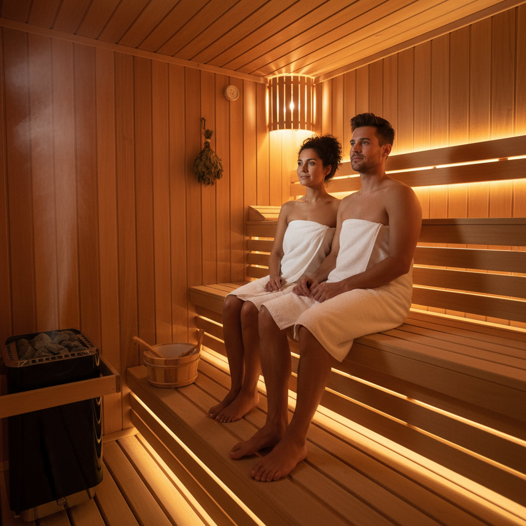 Two people sitting in a wooden sauna with warm lighting.